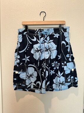 Retro Sand N Sun Hawaiian Hibiscus Swim Trunks Size M Blue Floral Cargo Shorts